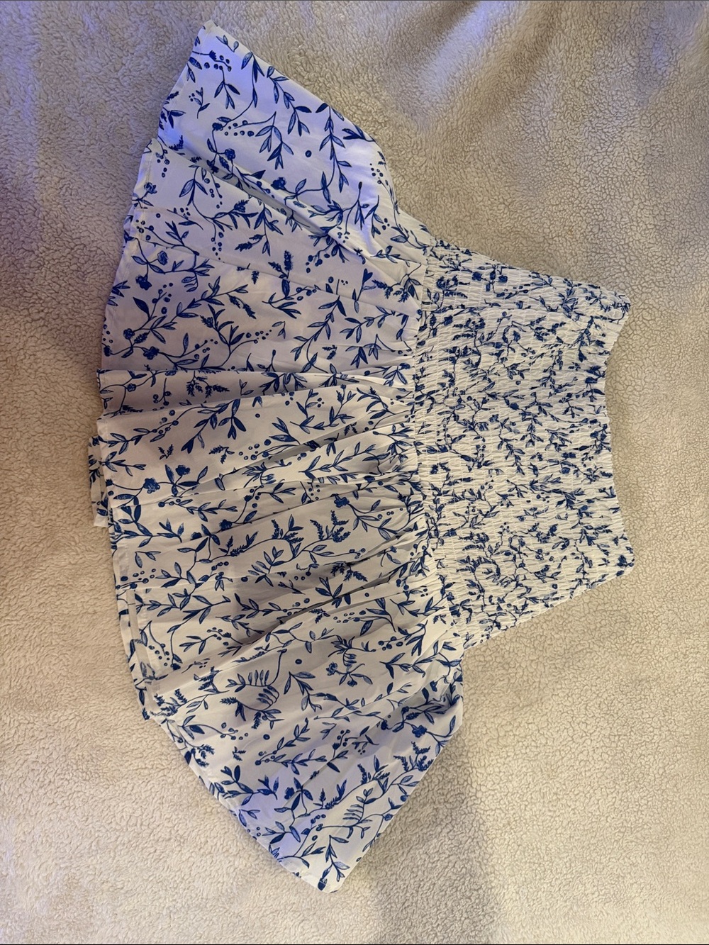 White and Blue Floral Smocked Mini Skirt